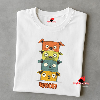 A folded white T-shirt featuring a quirky graphic of four stacked cartoon dogs in orange, yellow, teal, and golden tones with playful “WOOF!” text below the design.
