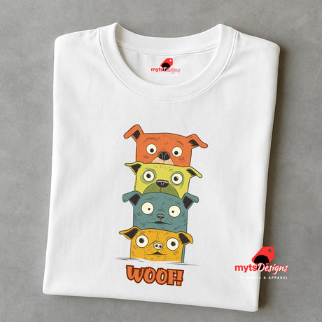 A folded white T-shirt featuring a quirky graphic of four stacked cartoon dogs in orange, yellow, teal, and golden tones with playful “WOOF!” text below the design.