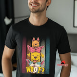 Man waring black stacked cartoon puppies
