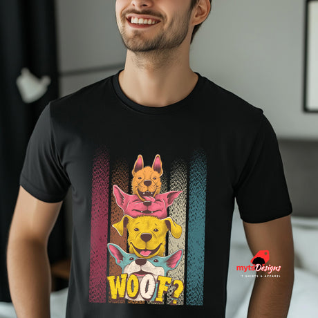 Man waring black stacked cartoon puppies