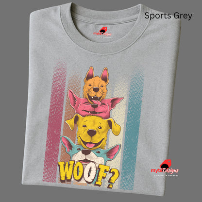 A folded sports grey T-shirt featuring a playful graphic of four stacked colorful dogs in yellow, red, and blue tones with the word “Woof?” in bold, cartoonish text below.

