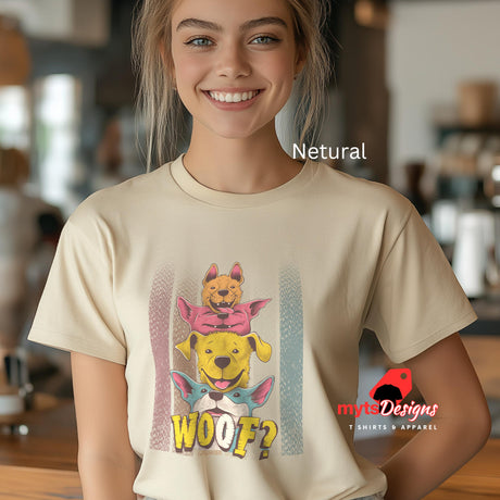 Girl wearing stacked cartoon puppies