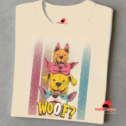 A folded sand T-shirt featuring a playful graphic of four stacked colorful dogs in yellow, red, and blue tones with the word “Woof?” in bold, cartoonish text below.

