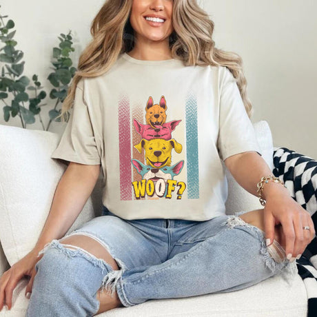 Woman wearing stacked cartoon puppies