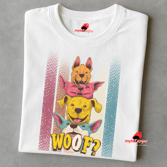 A folded white T-shirt featuring a playful graphic of four stacked colorful dogs in yellow, red, and blue tones with the word “Woof?” in bold, cartoonish text below.

