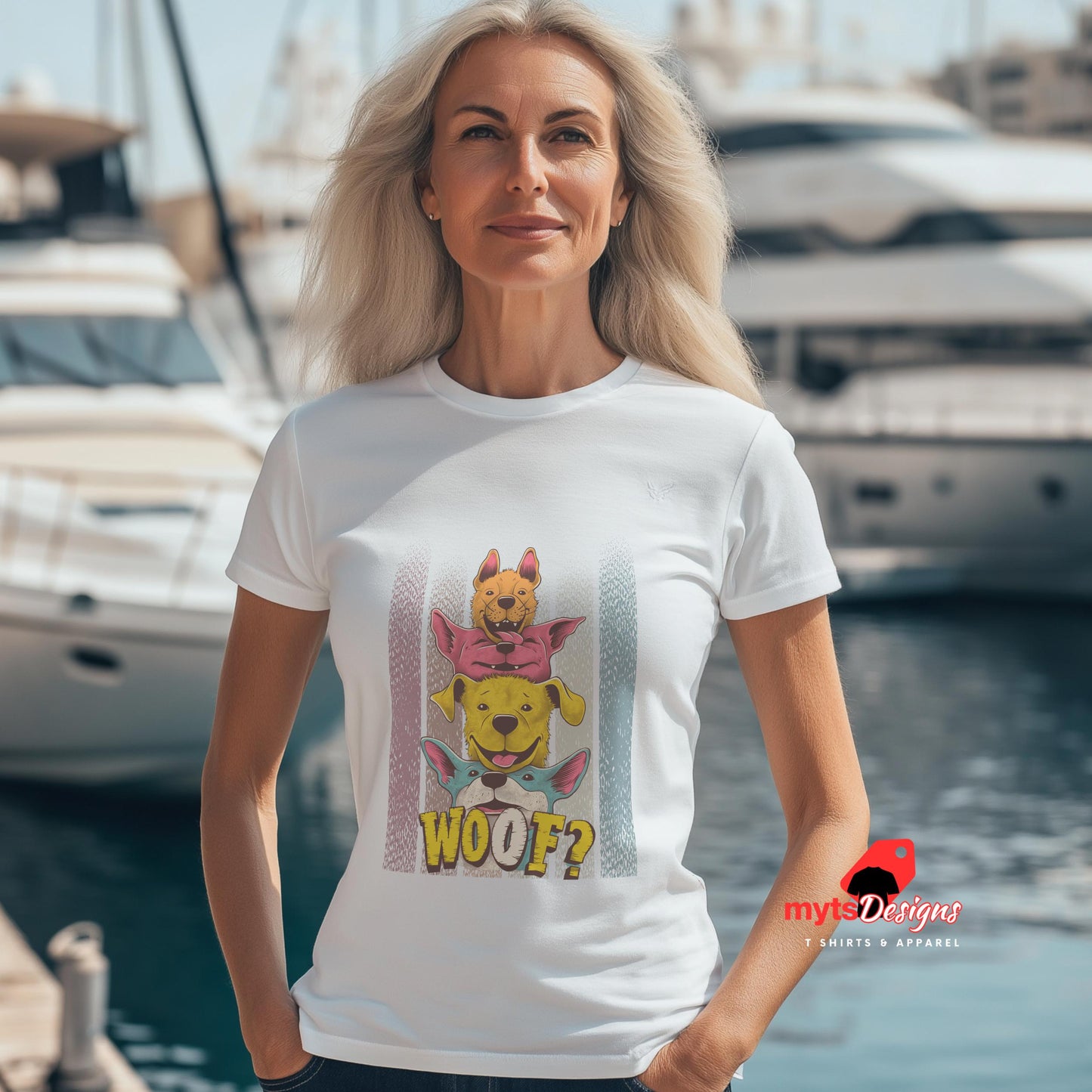 Woman wearing stacked cartoon puppies t shirt
