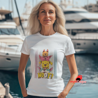 Woman wearing stacked cartoon puppies t shirt