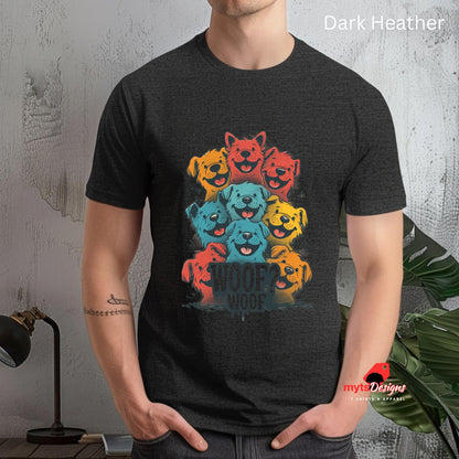 Dark Heater T Shirt stacked cartoon puppies Woof Woof