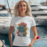 Woman in White T shirt stacked cartoon puppies