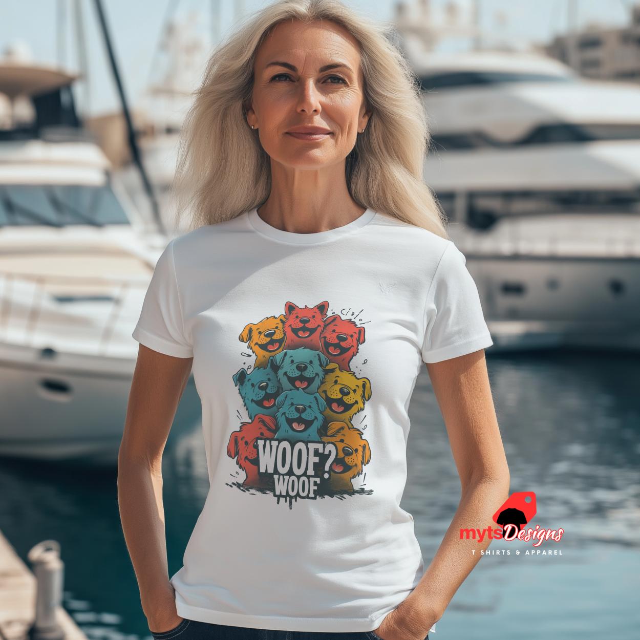 Woman in White T shirt stacked cartoon puppies