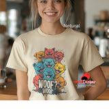 Girl in Neutral T Shirt Woof Woof stacked cartoon puppies