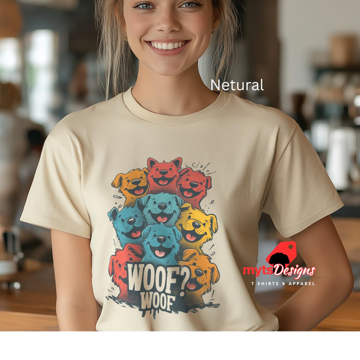 Girl in Neutral T Shirt Woof Woof stacked cartoon puppies