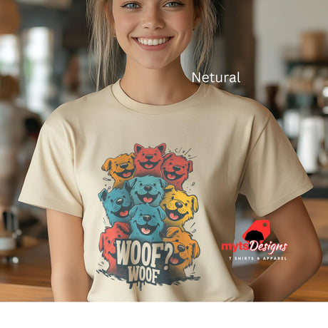 Girl in Neutral T Shirt Woof Woof stacked cartoon puppies