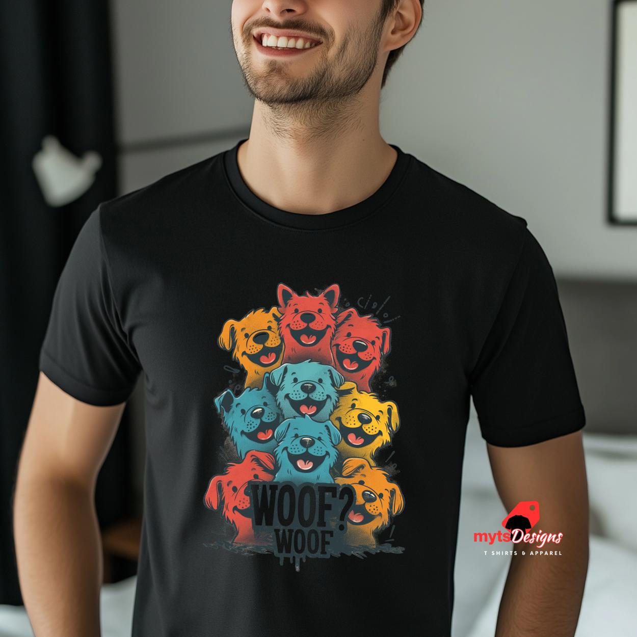 A man wearing a black T-shirt featuring a vibrant graphic of cartoon puppies stacked in red, orange, blue, and yellow hues, with the playful text “WOOF? WOOF” below the design.