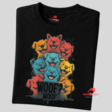 A folded black T-shirt featuring a vibrant graphic of cartoon puppies stacked in red, orange, blue, and yellow hues, with the playful text “WOOF? WOOF” below the design.
