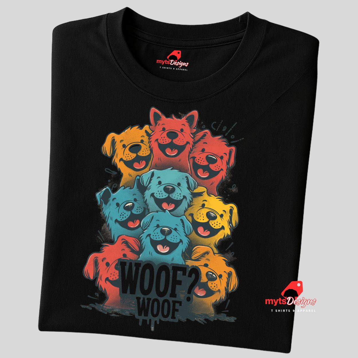 A folded black T-shirt featuring a vibrant graphic of cartoon puppies stacked in red, orange, blue, and yellow hues, with the playful text “WOOF? WOOF” below the design.