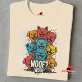 A folded nuetral T-shirt featuring a vibrant graphic of cartoon puppies stacked in red, orange, blue, and yellow hues, with the playful text “WOOF? WOOF” below the design.