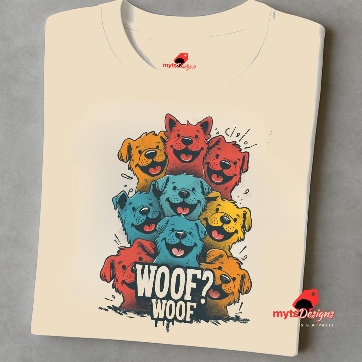 A folded nuetral T-shirt featuring a vibrant graphic of cartoon puppies stacked in red, orange, blue, and yellow hues, with the playful text “WOOF? WOOF” below the design.