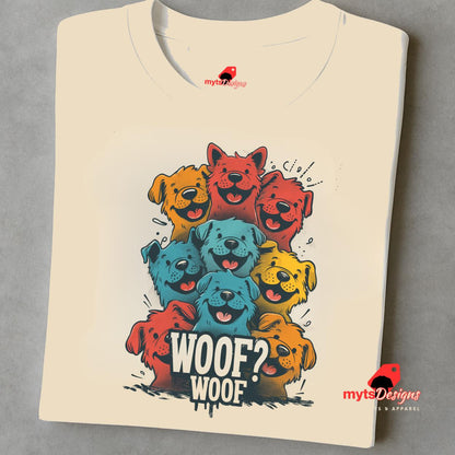 A folded nuetral T-shirt featuring a vibrant graphic of cartoon puppies stacked in red, orange, blue, and yellow hues, with the playful text “WOOF? WOOF” below the design.