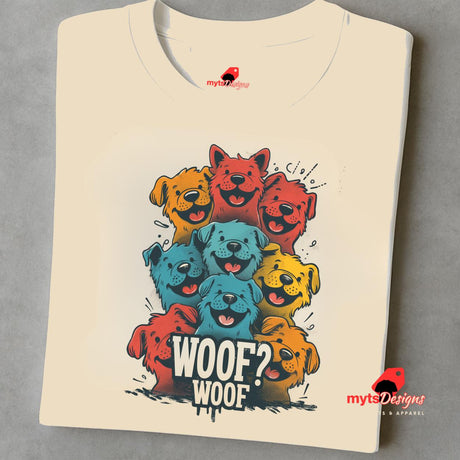 A folded nuetral T-shirt featuring a vibrant graphic of cartoon puppies stacked in red, orange, blue, and yellow hues, with the playful text “WOOF? WOOF” below the design.