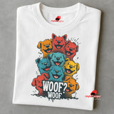 A folded white T-shirt featuring a vibrant graphic of cartoon puppies stacked in red, orange, blue, and yellow hues, with the playful text “WOOF? WOOF” below the design.