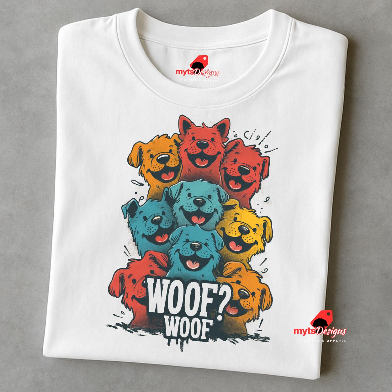 A folded white T-shirt featuring a vibrant graphic of cartoon puppies stacked in red, orange, blue, and yellow hues, with the playful text “WOOF? WOOF” below the design.