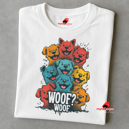 A folded white T-shirt featuring a vibrant graphic of cartoon puppies stacked in red, orange, blue, and yellow hues, with the playful text “WOOF? WOOF” below the design.