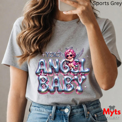 Person wearing a gray t-shirt with 'Y2K2 Angel Baby' design, taking a selfie.