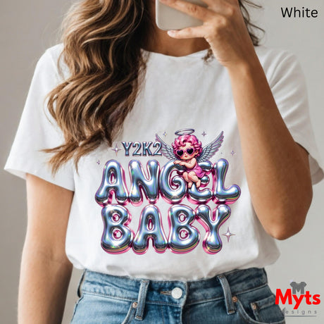 Person wearing a white t-shirt with 'Y2K2 Angel Baby' design and taking a selfie.