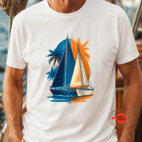 White t-shirt with a sailboat and palm tree design worn by a person.