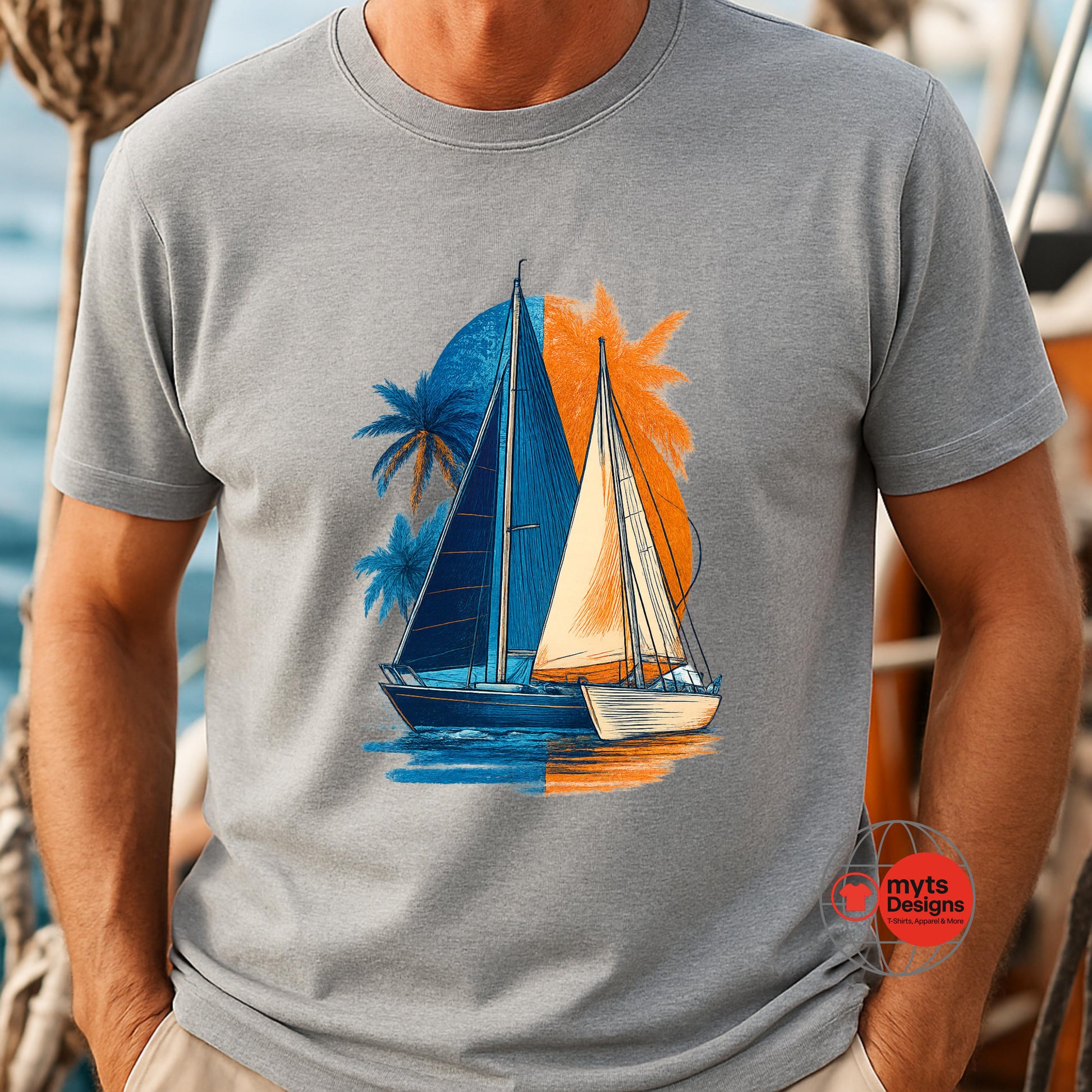 Person wearing a gray t-shirt with a sailboat and palm tree design.