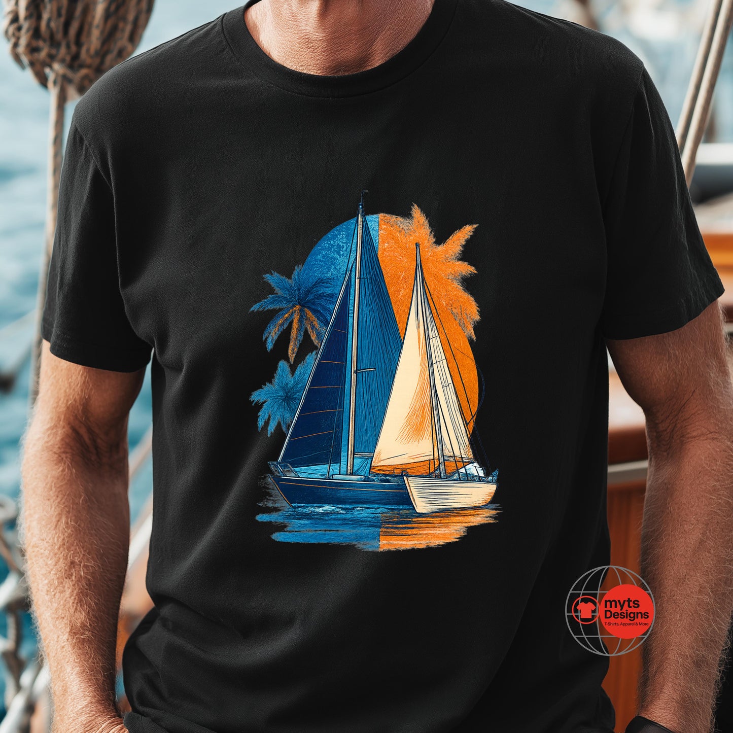 Black t-shirt with a sailboat and palm tree design worn by a person on a boat.