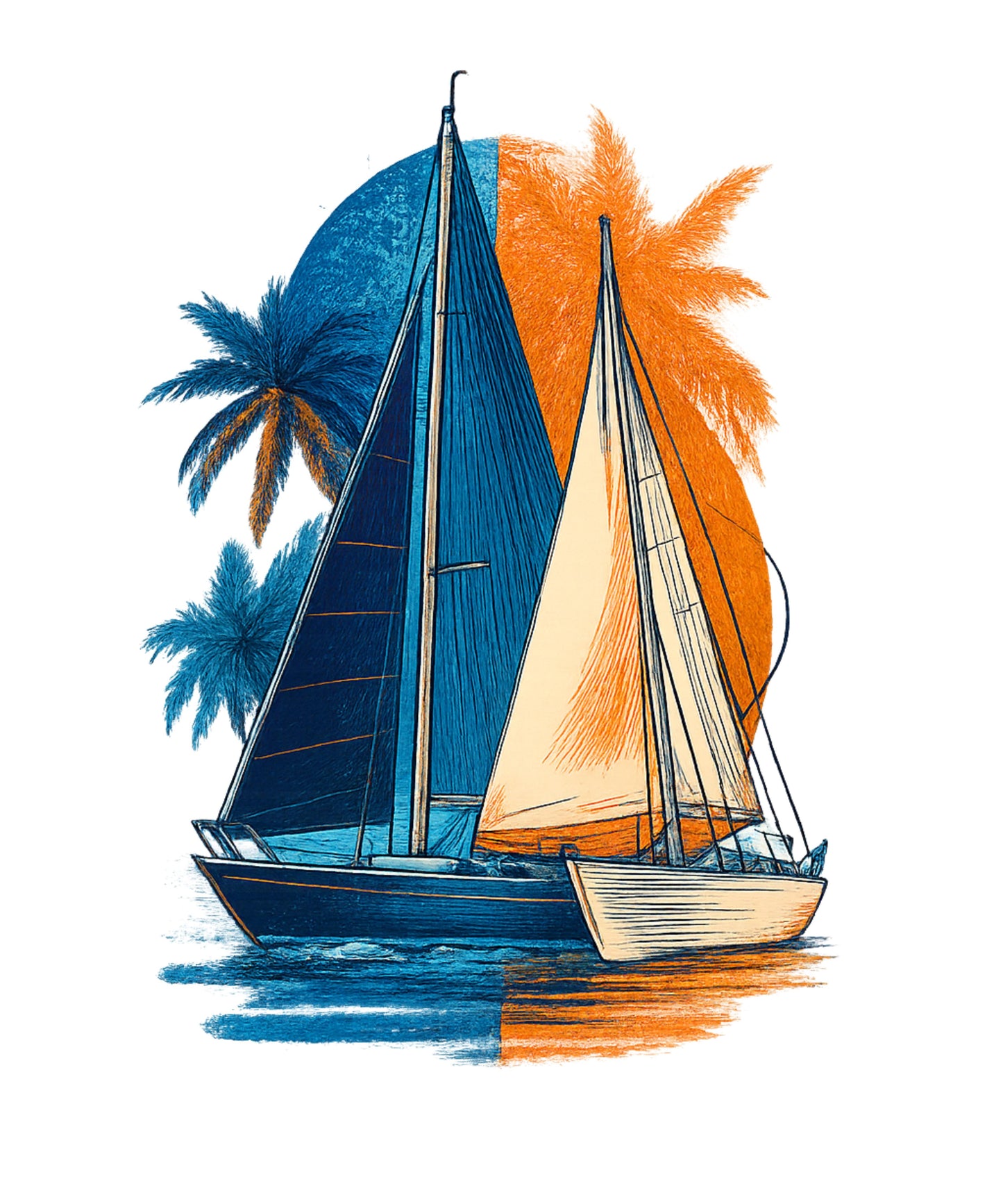 Sailboat with blue and orange sails against a white background with palm trees.