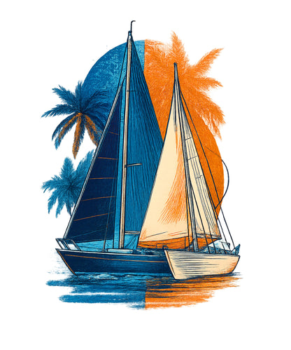 Sailboat with blue and orange sails against a white background with palm trees.