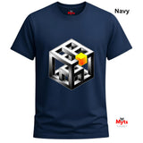 Navy blue t-shirt with a geometric cube design on a white background
