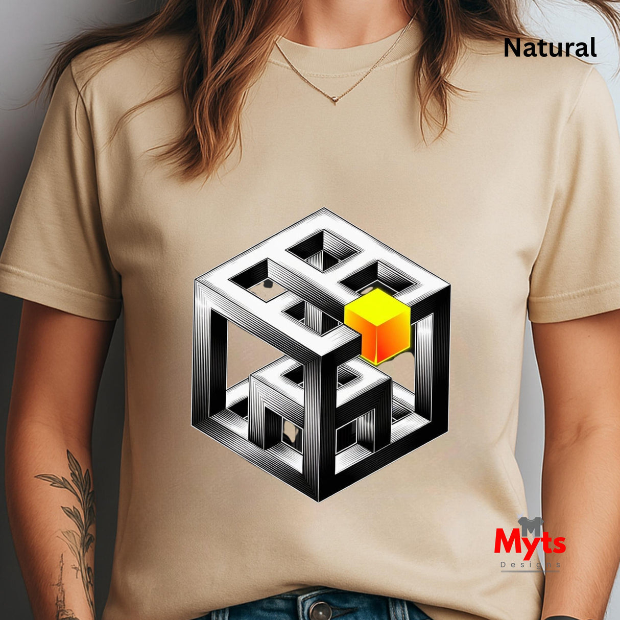Natural t-shirt with a geometric design on a neutral background