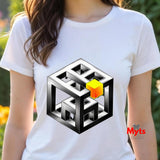 Person wearing a white t-shirt with a geometric design and 'Myts' branding.