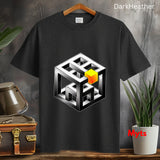 Dark Heather t-shirt with geometric design on a wooden surface with plants and a suitcase.