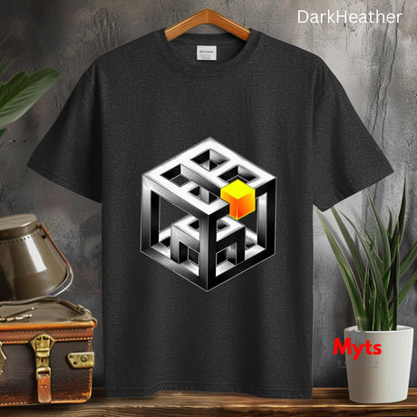 Dark Heather t-shirt with geometric design on a wooden surface with plants and a suitcase.