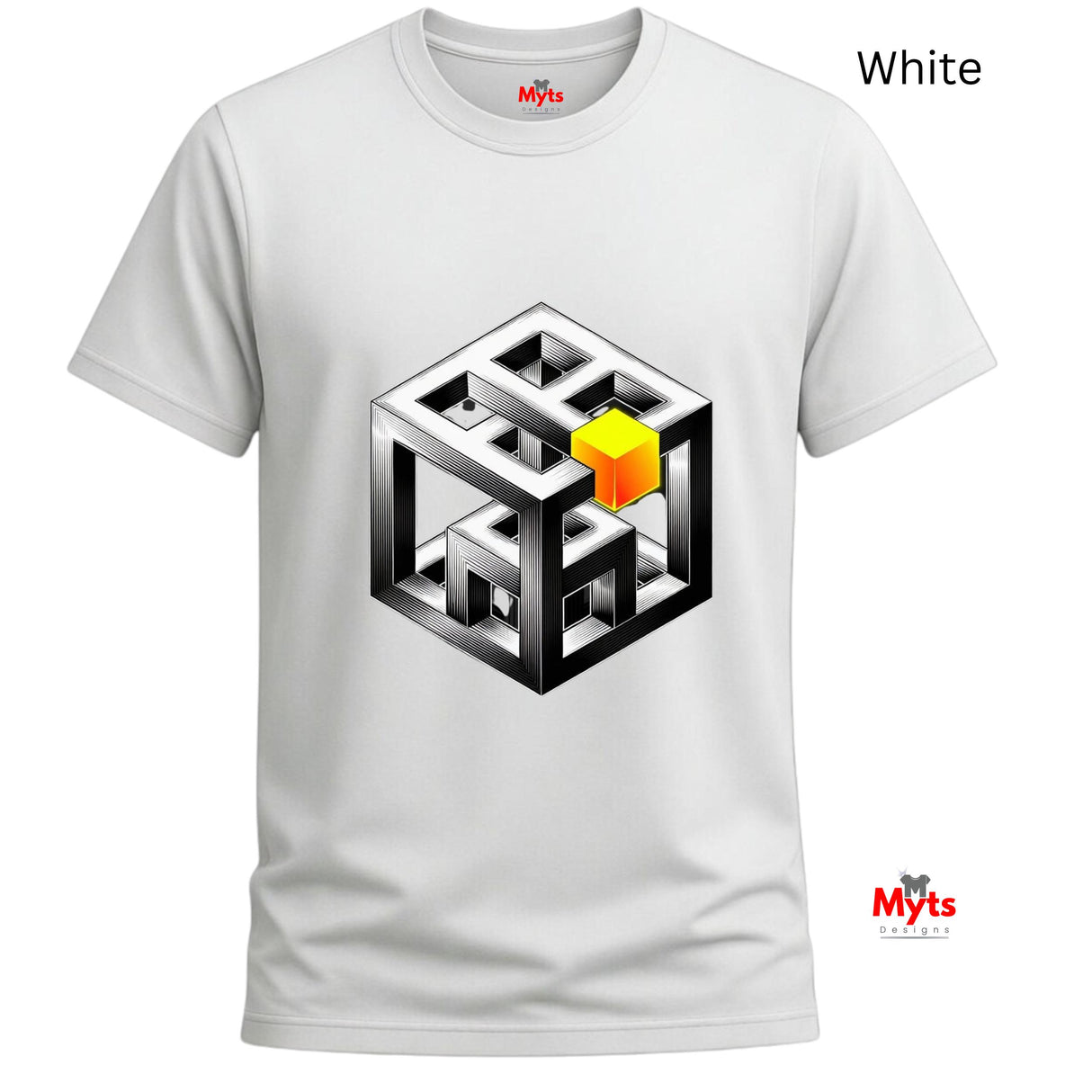White t-shirt with a geometric design featuring a yellow cube on a white background
