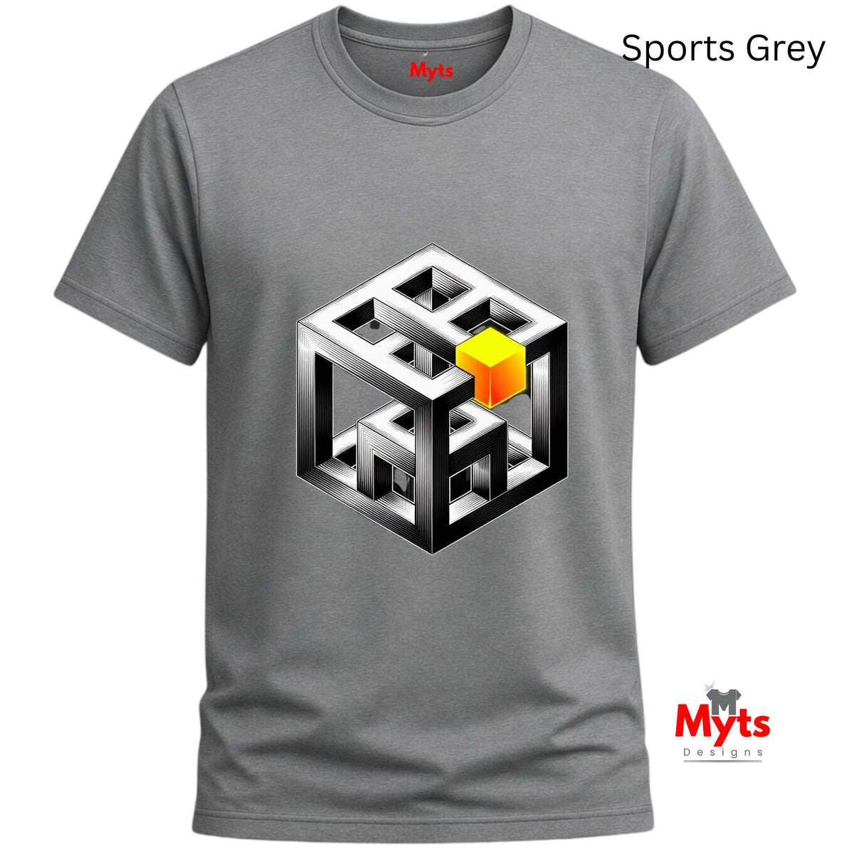 Gray t-shirt with a geometric design and 'Myts' branding on a white background