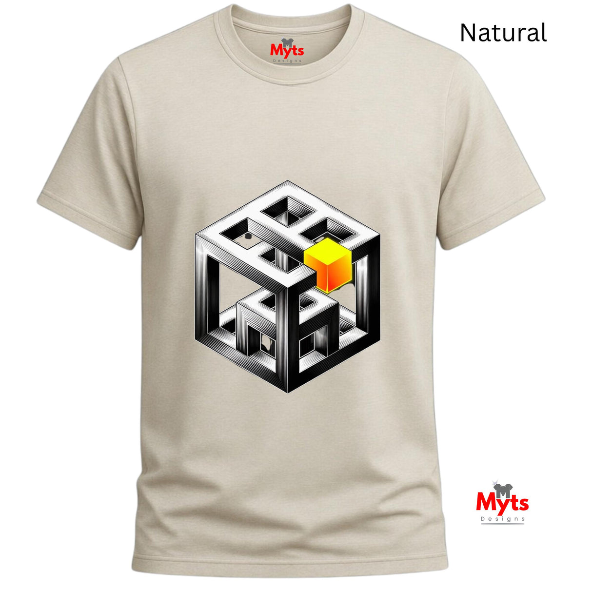 Natural t-shirt with a geometric design featuring a yellow cube on a white background