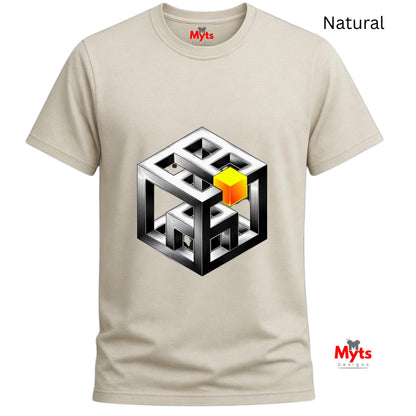 Natural t-shirt with a geometric design featuring a yellow cube on a white background
