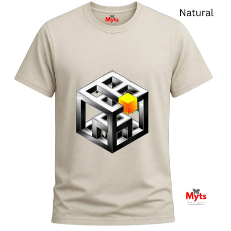 Natural t-shirt with a geometric design featuring a yellow cube on a white background