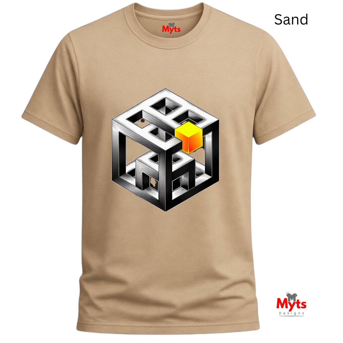 Sand t-shirt with a geometric cube design on a white background