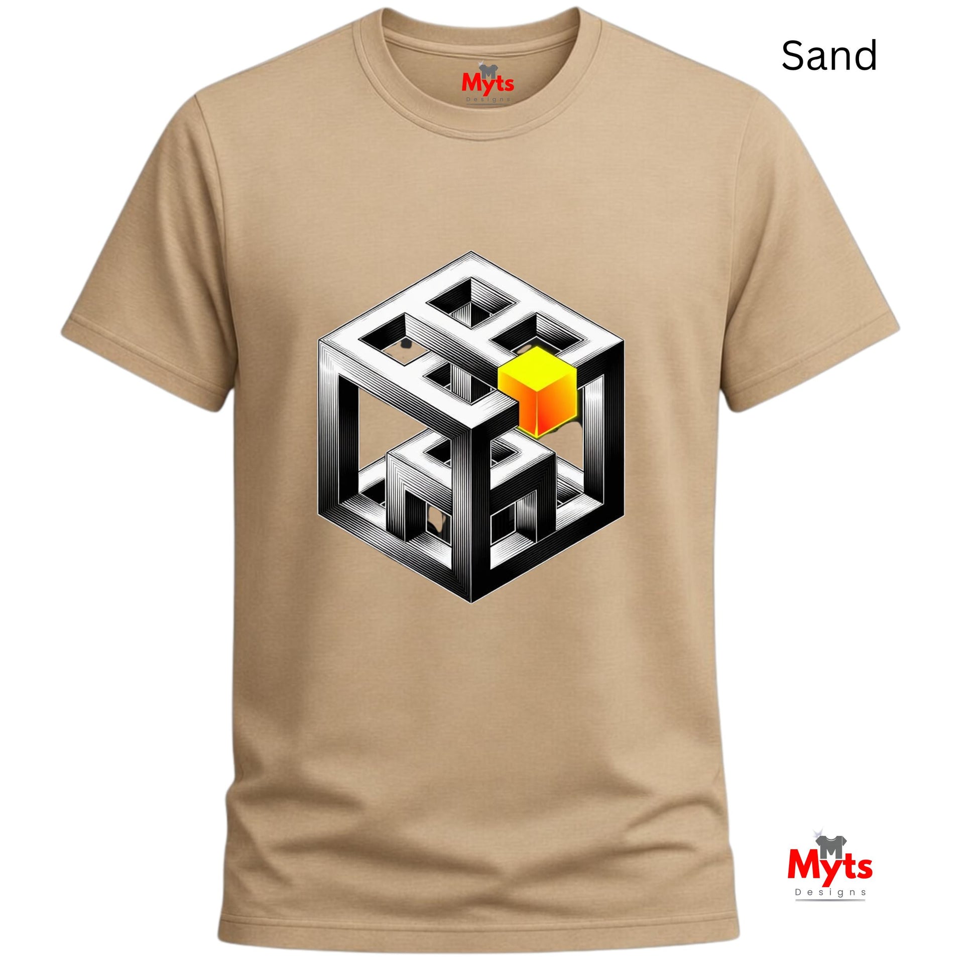 Sand t-shirt with a geometric cube design on a white background