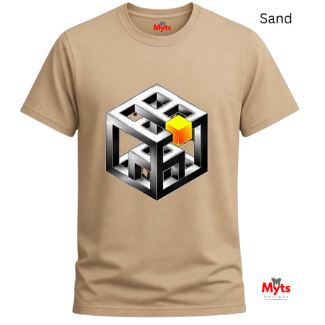 Sand t-shirt with a geometric cube design on a white background