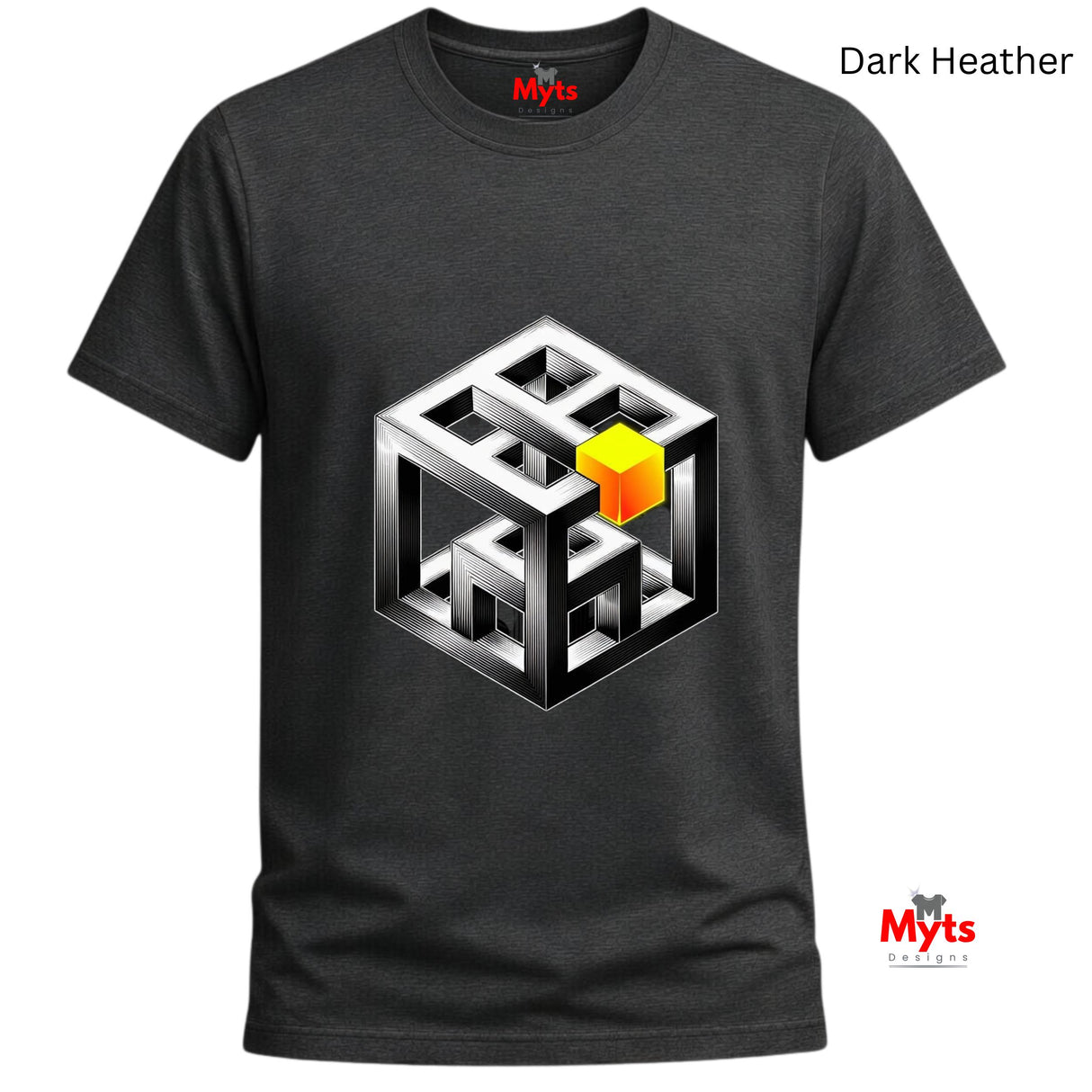 Dark Heather t-shirt with a geometric design and 'Myts' branding on a white background