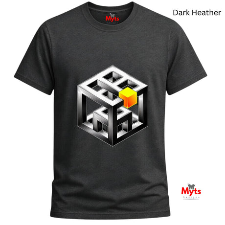 Dark Heather t-shirt with a geometric design and 'Myts' branding on a white background