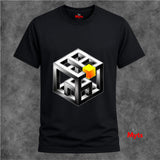 Black t-shirt with a geometric cube design on a textured gray background